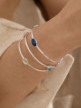 Faceted Beaded Silver Tone Bangle Set 3pc Stack